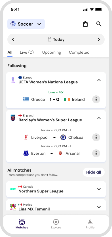 The PLAYHER app showing today’s women’s football fixtures